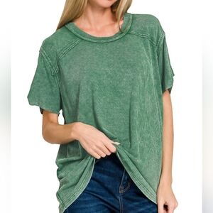 132 | Dark Green Washed Ribbed Short Sleeve Boat Neck Top